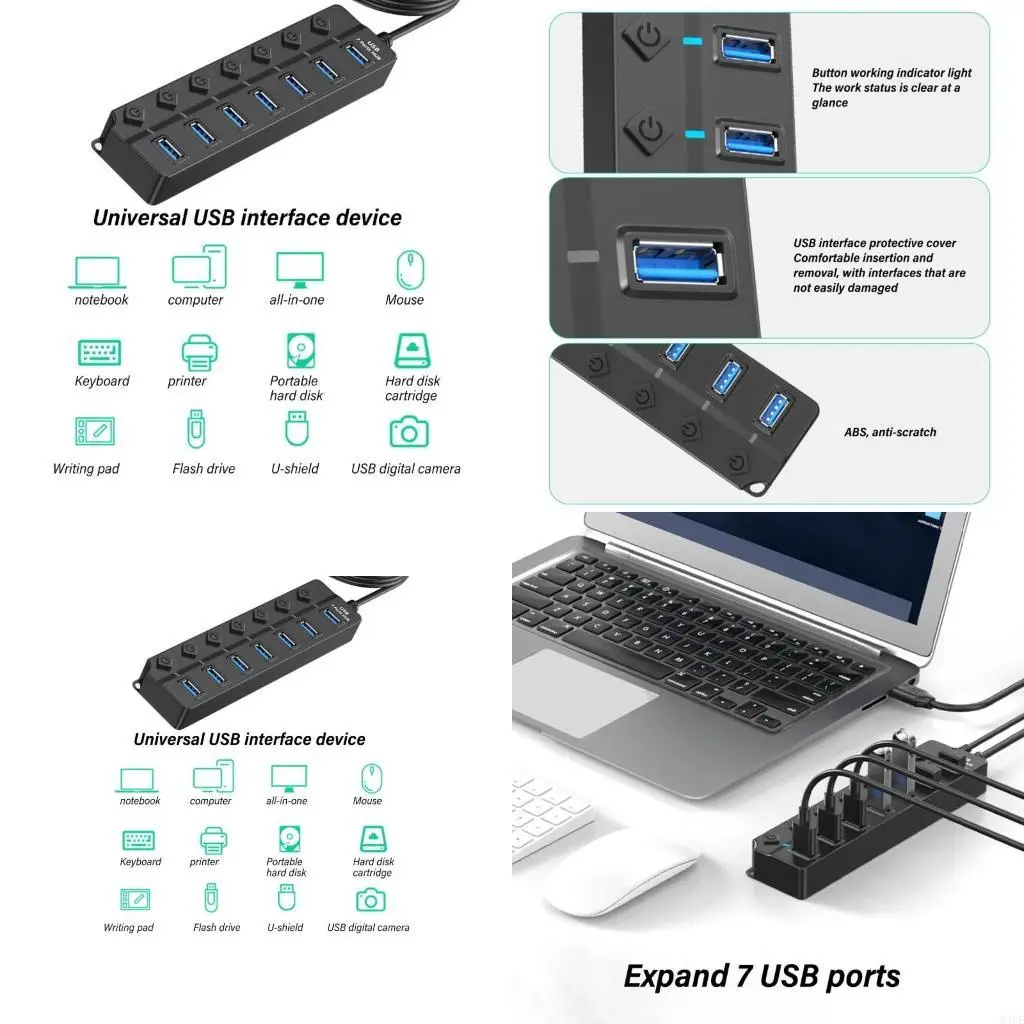 Small USB Hub Multiports Adapter met 7/4 onafhankelijke schakelaars voor efficiënte gegevensbeheerverbindingen USB -extender