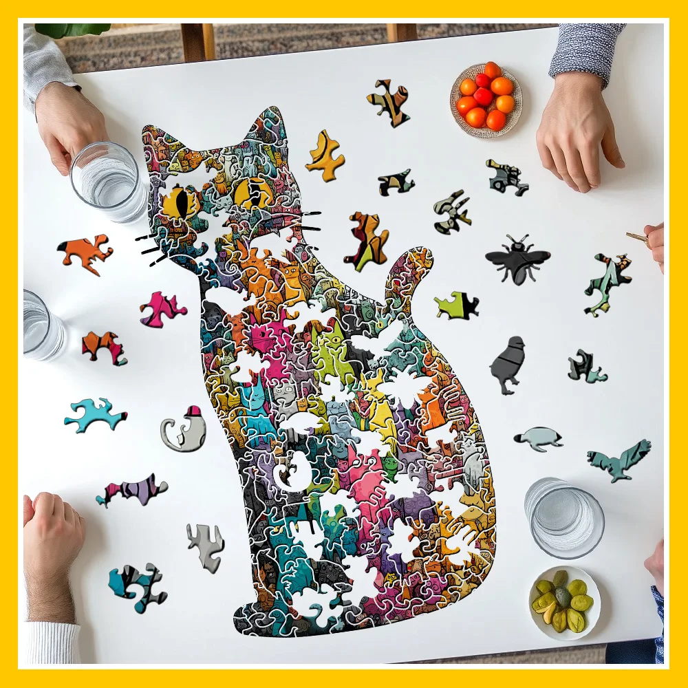 Wooden Cat Jigsaw Puzzle 5A Difficulty: 3 Sizes (L/M/S), Unique Shapes, Vibrant Colors, Home Decor & Creative Family Gift