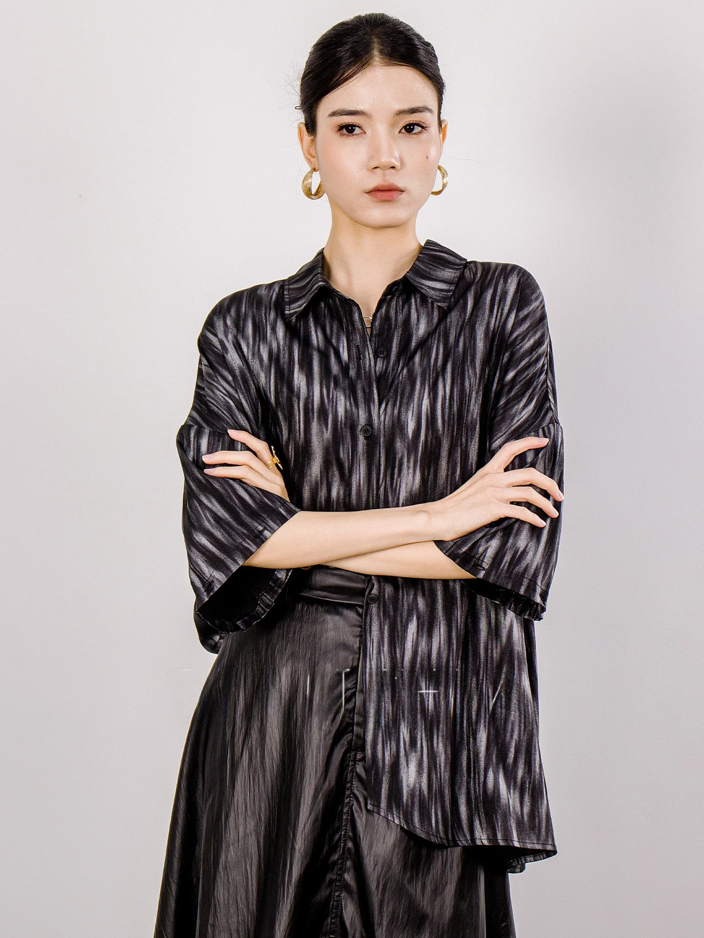 

DianThia Women's Loose Long Sleeve Striped Shirt Draped Style Unique Beautiful Detachable Sleeve Casual Chic Spring Fashion