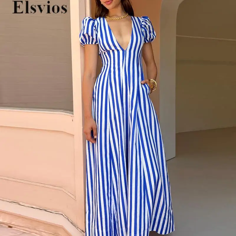 

Show Style Puff Short Sleeve Big Hem Dress Female 2024 Striped Printed Deep V-neck Long Dress Commuter New Women Party Dress