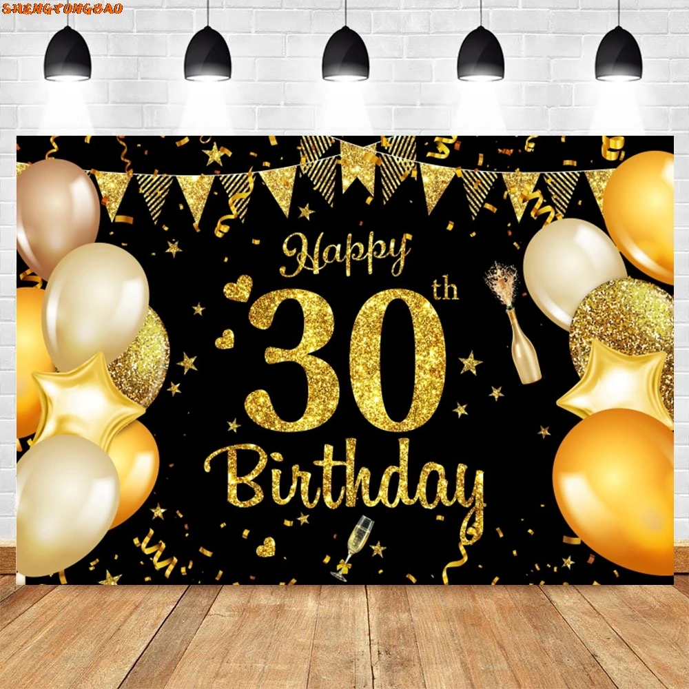 Adult Birthday Party Backdrop for Photography Golden Glitter Balloon 30 45 50 60 Years Old Birthday Decoration Photo Background