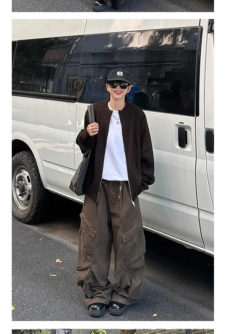 Pantaloni cargo in denim lavato vintage da uomo, jeans larghi dritti da donna in puro cotone con tasca grande, pantaloni Y2K in tinta unita