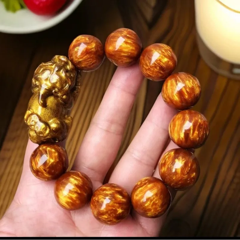 Gold Thread Sea Cedar Pixiu Bracelet, Resin Handheld Prayer Beads, Fine Craft Item for Wealth Attraction and Gift Giving,