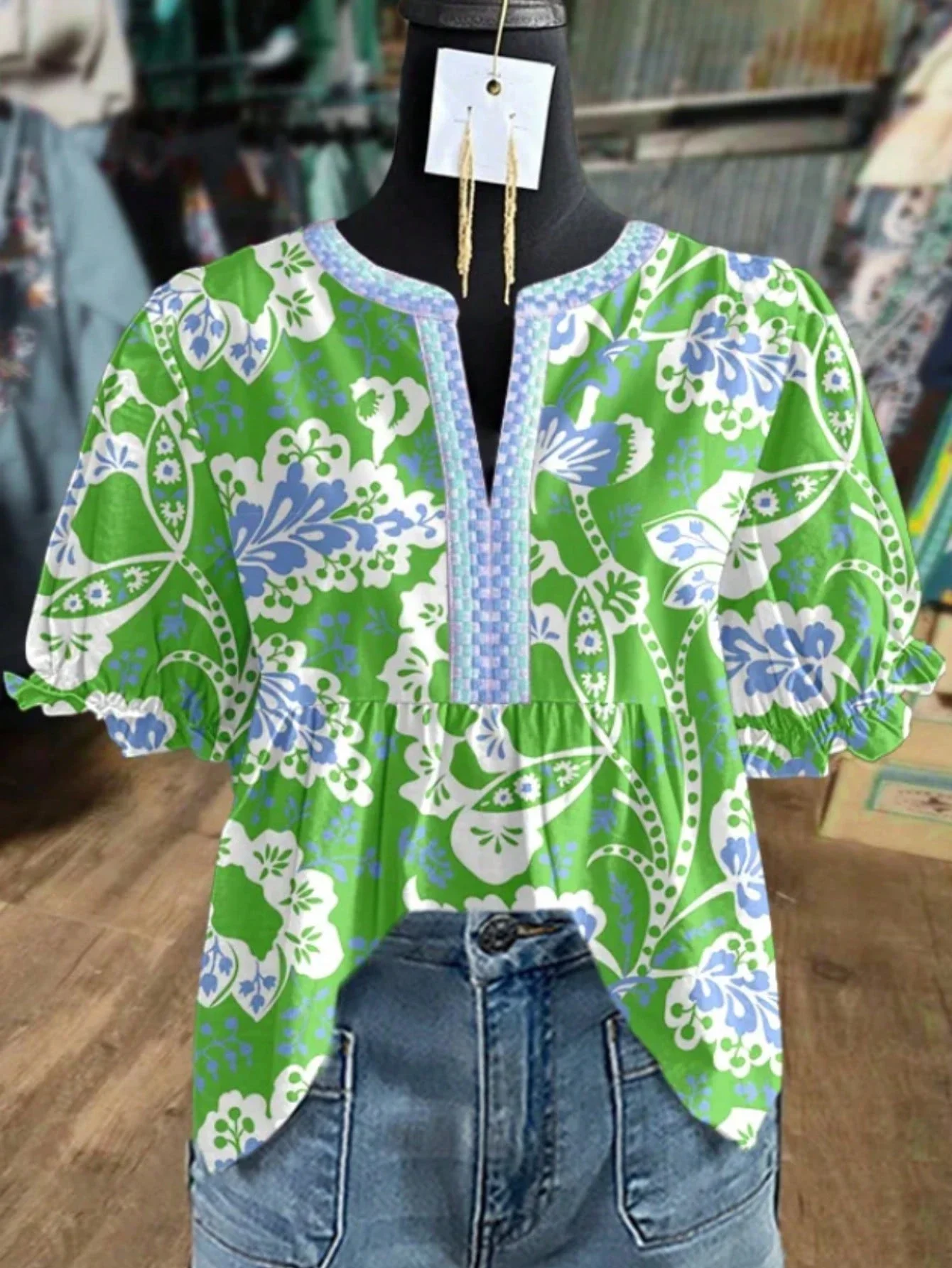 

Vintage Floral Print Puff Sleeve Blouse Women Regular Fit Short Sleeve Top Spring Summer