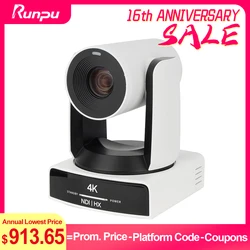 Runpu 4K NDI Camera 60FPS 30X Optical Zoom AI Auto Tracking PTZ Conference Camera with PoE HDMI SDI USB for Live Streaming OBS