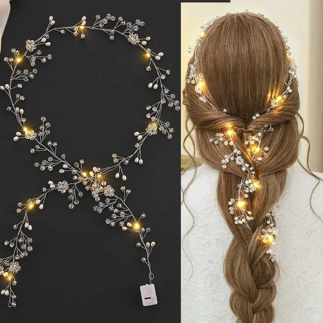 

10pcs Women Girl Light Up Long Bride Wedding Hair Vine Bridal Silver Crystal Hair Accessories Costume Birthday Party Headpiece