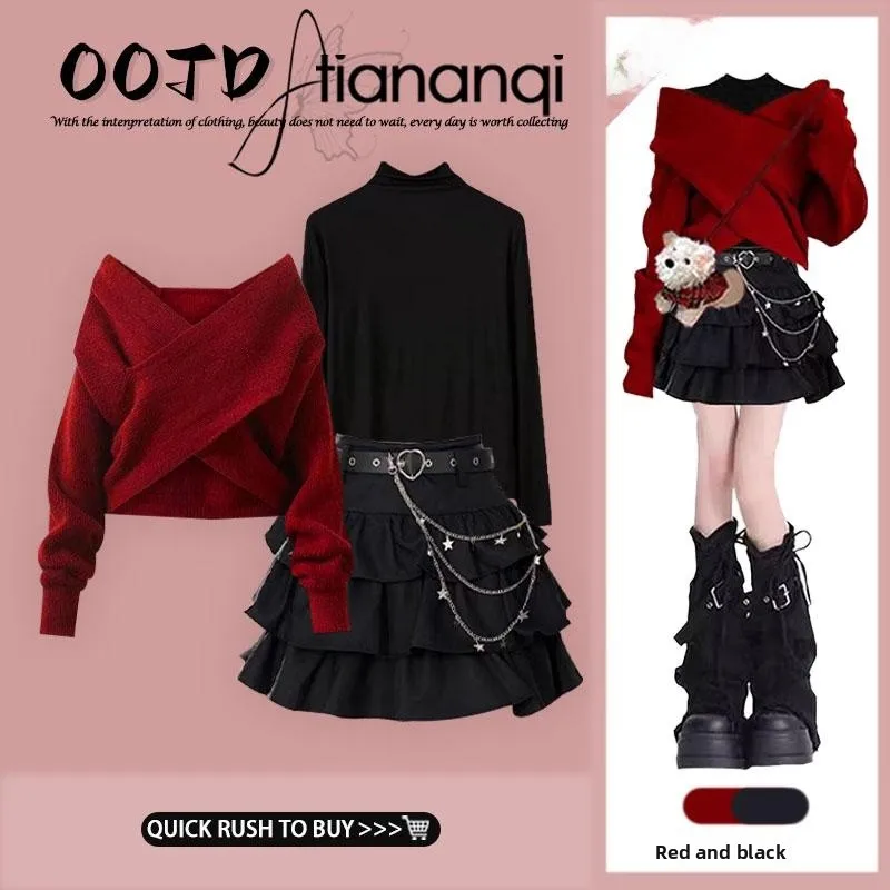 

Sli Winter Knitted Set Women's Design Lazy Sle Crossed Sweater under irt with Puffy Skirt Tee-piece Ensemble