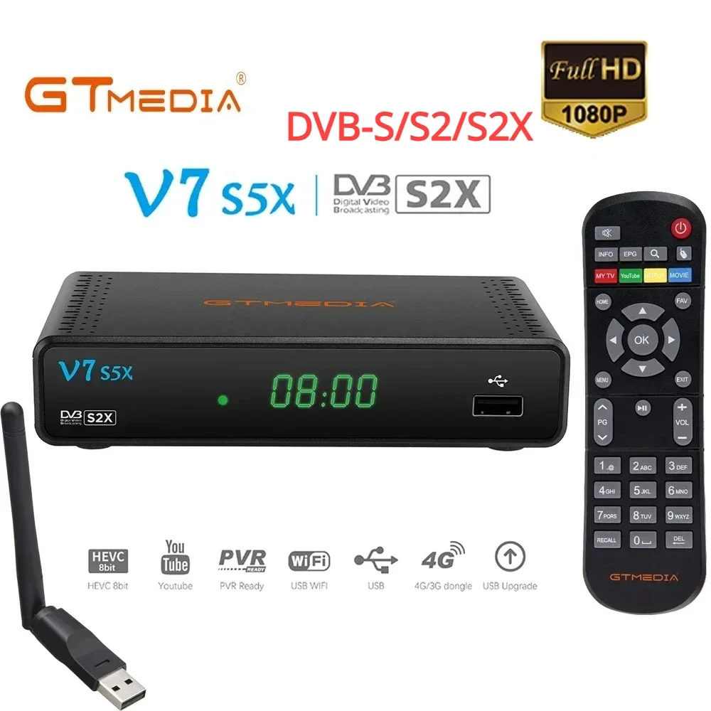 

GTMEDIA V7S5X Satellite TV Receiver Support DVB-S2X/S2/S H.265(8bit) HD 1080P USB with WiFi Antenna V7 S5X Set Top Box