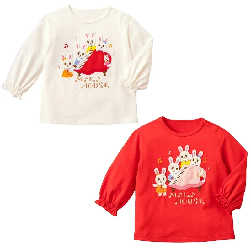 

Новые весенние Футболки с длинным рукавом для девочек, футболка с мультяшным принтом, топы с вышивкой кролика, нижняя рубашка, одежда для девочек в Корейском стиле, футболки, футболки