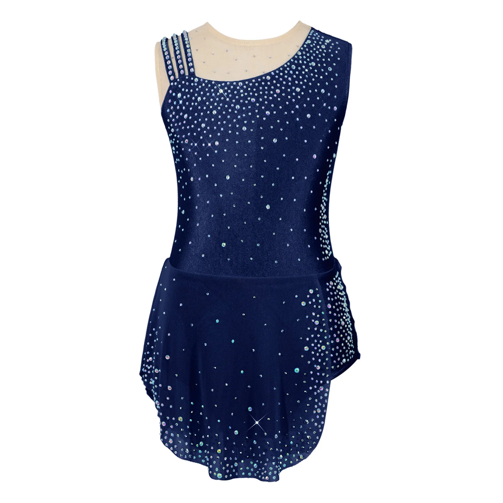 Girls One Shoulder Rhinestone Rhythmic Gymnastics Figure Skating Dress Irregular Mesh Skirt Kids Ballet Lyrical Dance Costume