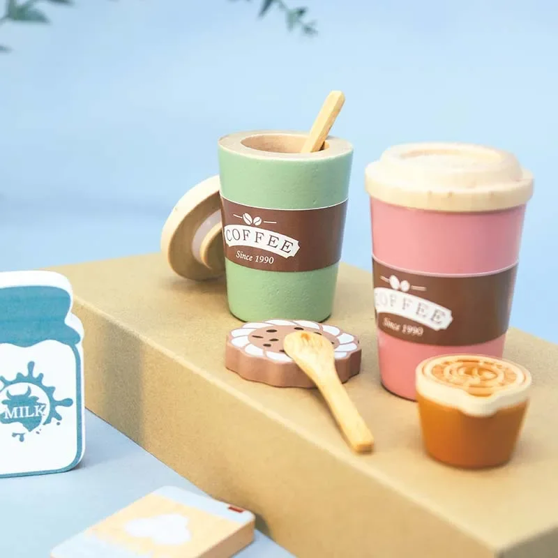 مجموعة قهوة خشبية للأطفال الصغار، ملحقات المطبخ التظاهري، هدية للأطفال في المنزل، ألعاب تعليمية مبكرة