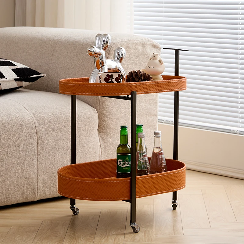 

Vintage Mobile Saddle Leather Cart, Living Room Sofa Side Table, Bedroom Snack Tray, Round Storage Trolley, Portable Design