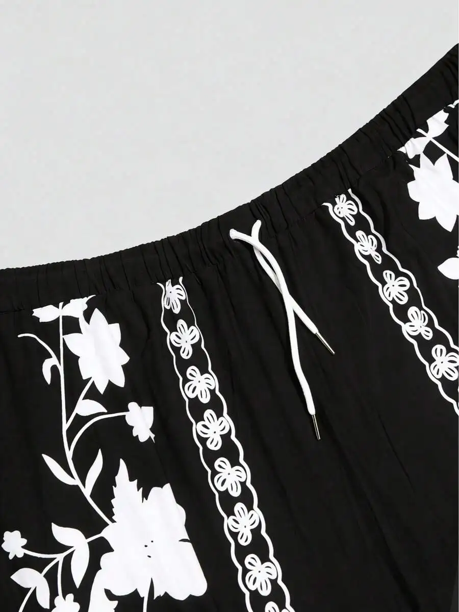 

Mens Floral Print Pajama Set Short Sleeve Shirt And Drawstring Shorts Knit Fabric Summer Beach Sleepwear