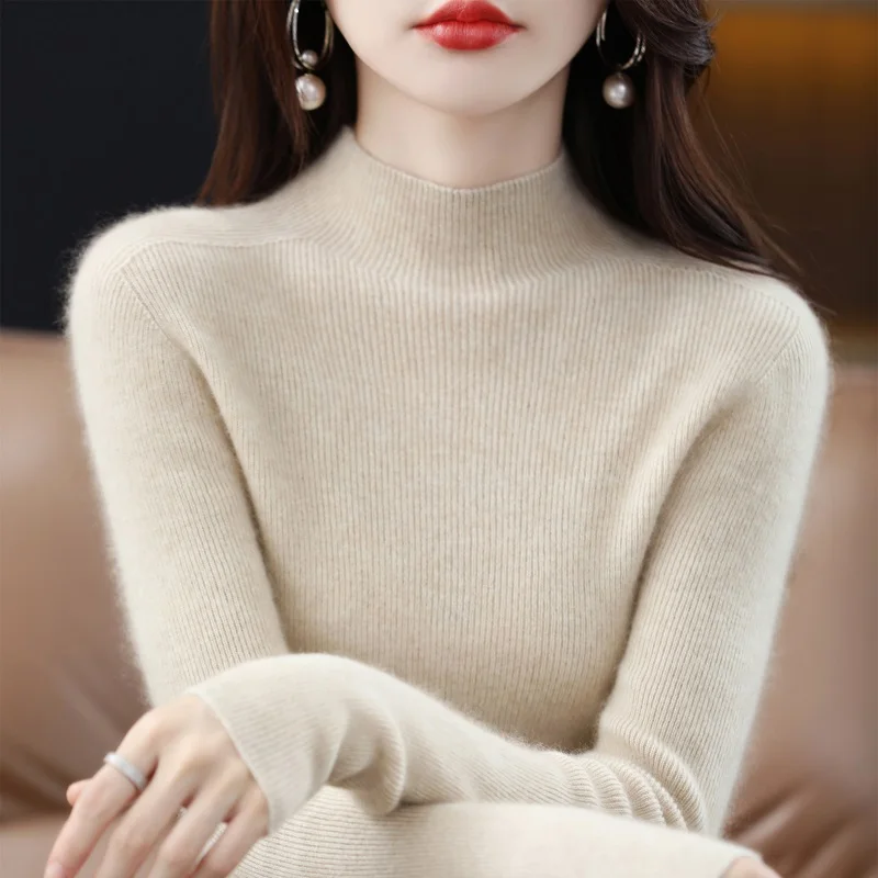 

Облегающий вязаный свитер из кашемира с высоким воротником, шерстяной базовый слой, корейский стиль, для повседневной носки, модный, с длинными рукавами