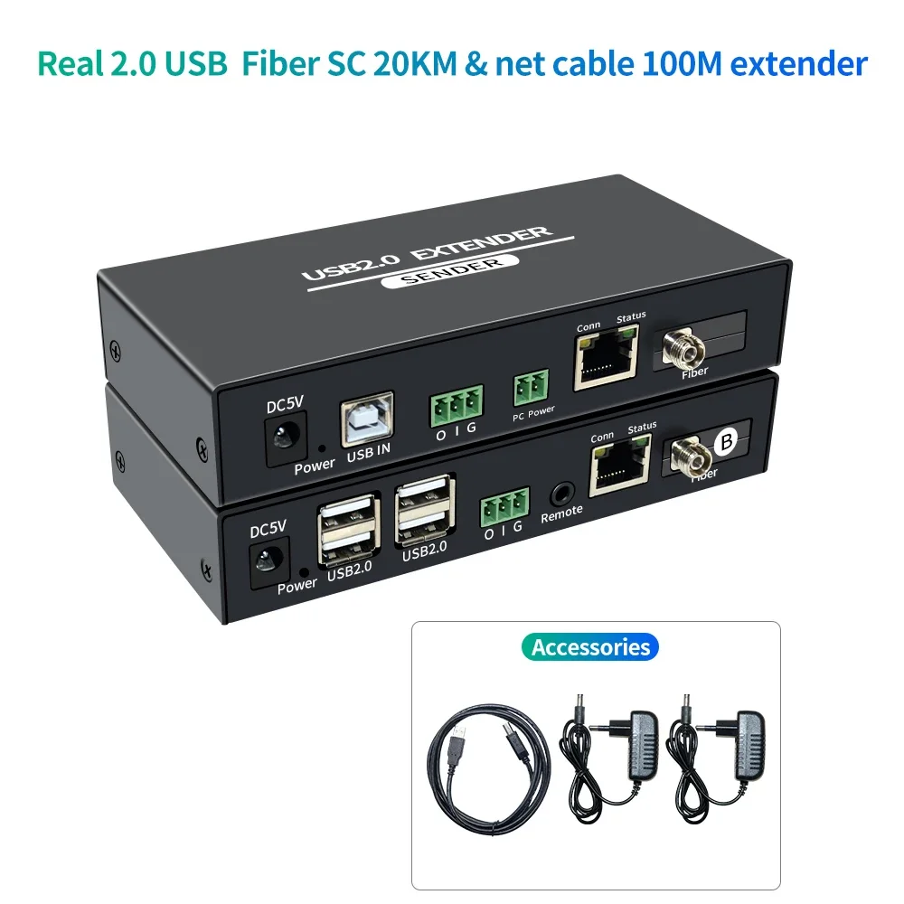 20KM USB 2.0 Fiber Extender Over FC Fiber Optical Cable 4 Port USB2.0 HUB Extender Rj45 CAT6 100M Support Webcam Camera U Disk