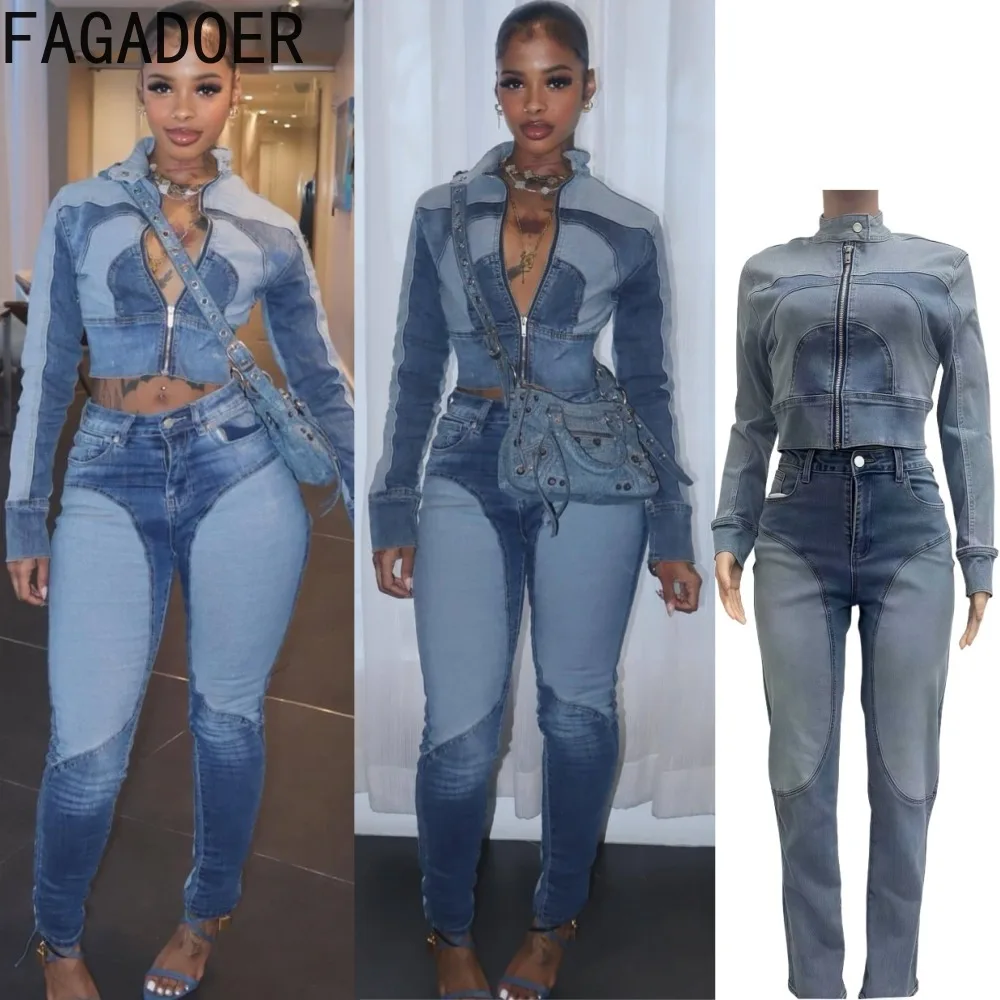

FAGADOER Y2k Fashion Denim 2 Pieces Set for Woman Outfit Women Color Block Zip Long Sleeve Crop Jacket + Pants Female Streetwear