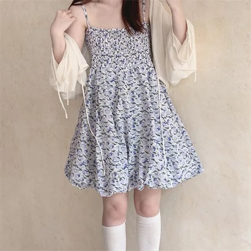 여름 여자 드레스 꽃 느슨한 접기 슬링 가운 높은 허리 a 라인 빈티지 한국어 스위트 드레스
