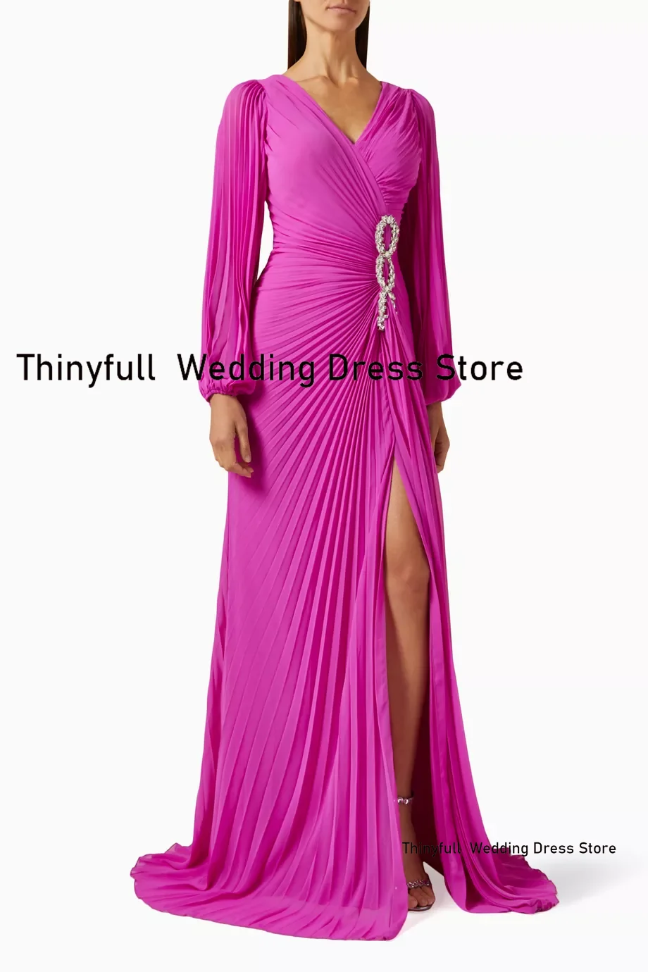 Thinyfull Chiffon Prom Dresses V-neck Long Sleeves Evening Party Gown Pleat Split Outfit Dubai 2024 Formal Occasion Dress