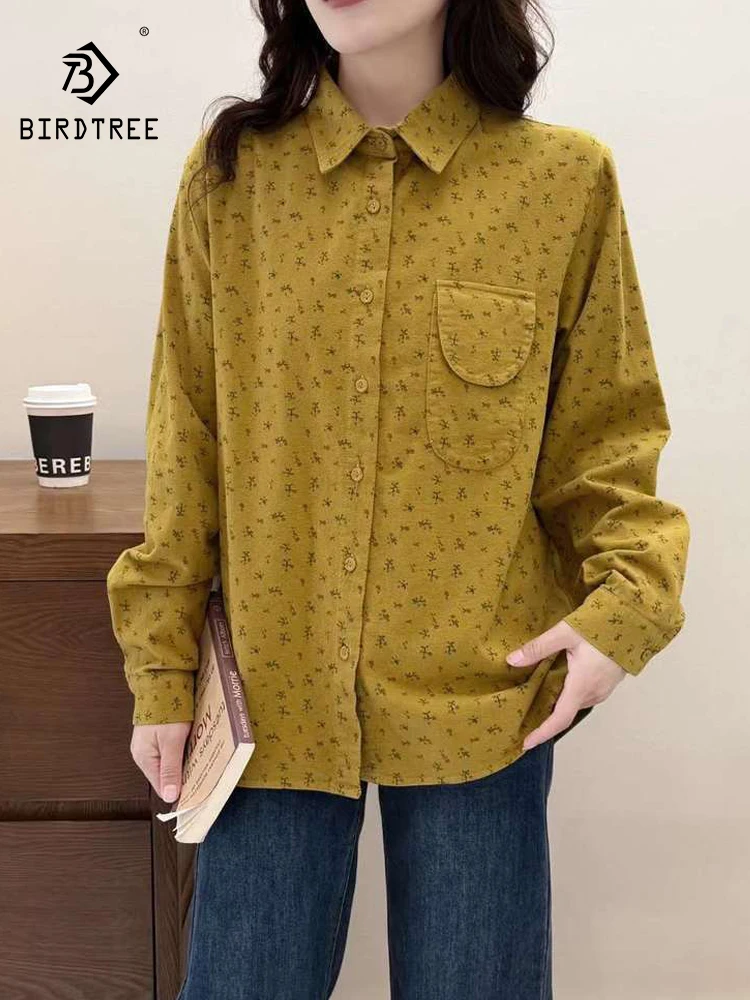 

Новинка 2025, осенняя хлопковая матовая рубашка с длинными рукавами, женская рубашка с отложным воротником и принтом, шикарная свободная блузка Mori Girl для поездок на работу T59828CC