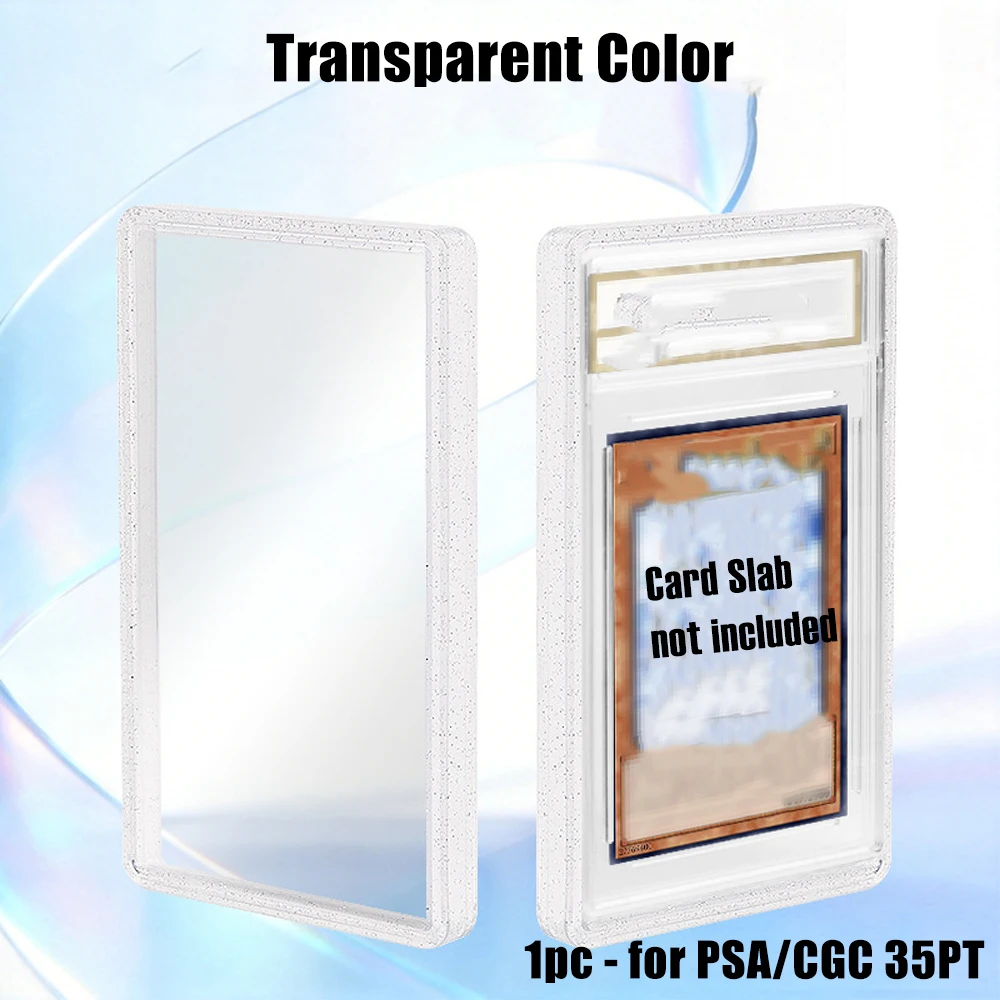 PSA CGC 35PT 등급 카드용으로 제작된, 쌓아서 보관할 수 있는 슬랩 케이스입니다. TPU 소재의 슬랩 범퍼와 뒷면 패널이 함께 제공되며, 다채로운 색상의 반짝이 장식이 있습니다. PTCG용입니다.