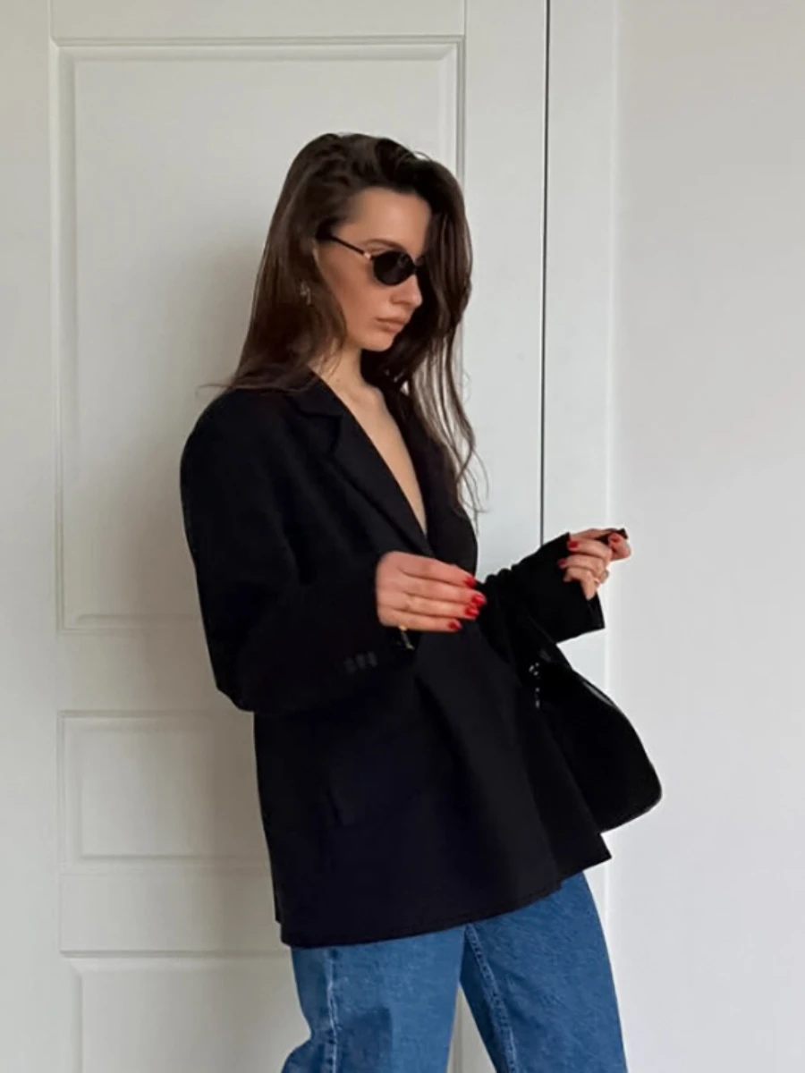 2025 mode noir bureau bases mince manteaux pour femmes revers à manches longues épissé bouton tempérament veste femme automne vêtements