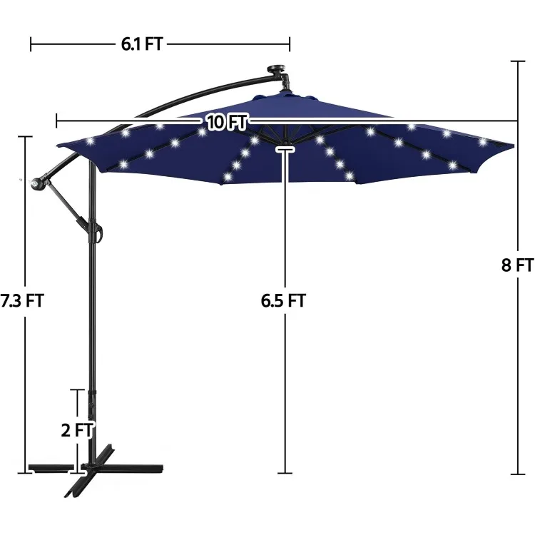 10ft Solar Offset Regenschirm mit 32 LED-Leuchten Cantilever hängen Outdoor-Regenschirme handliche Kurbel & Kreuz Basis für Rasen/Deck