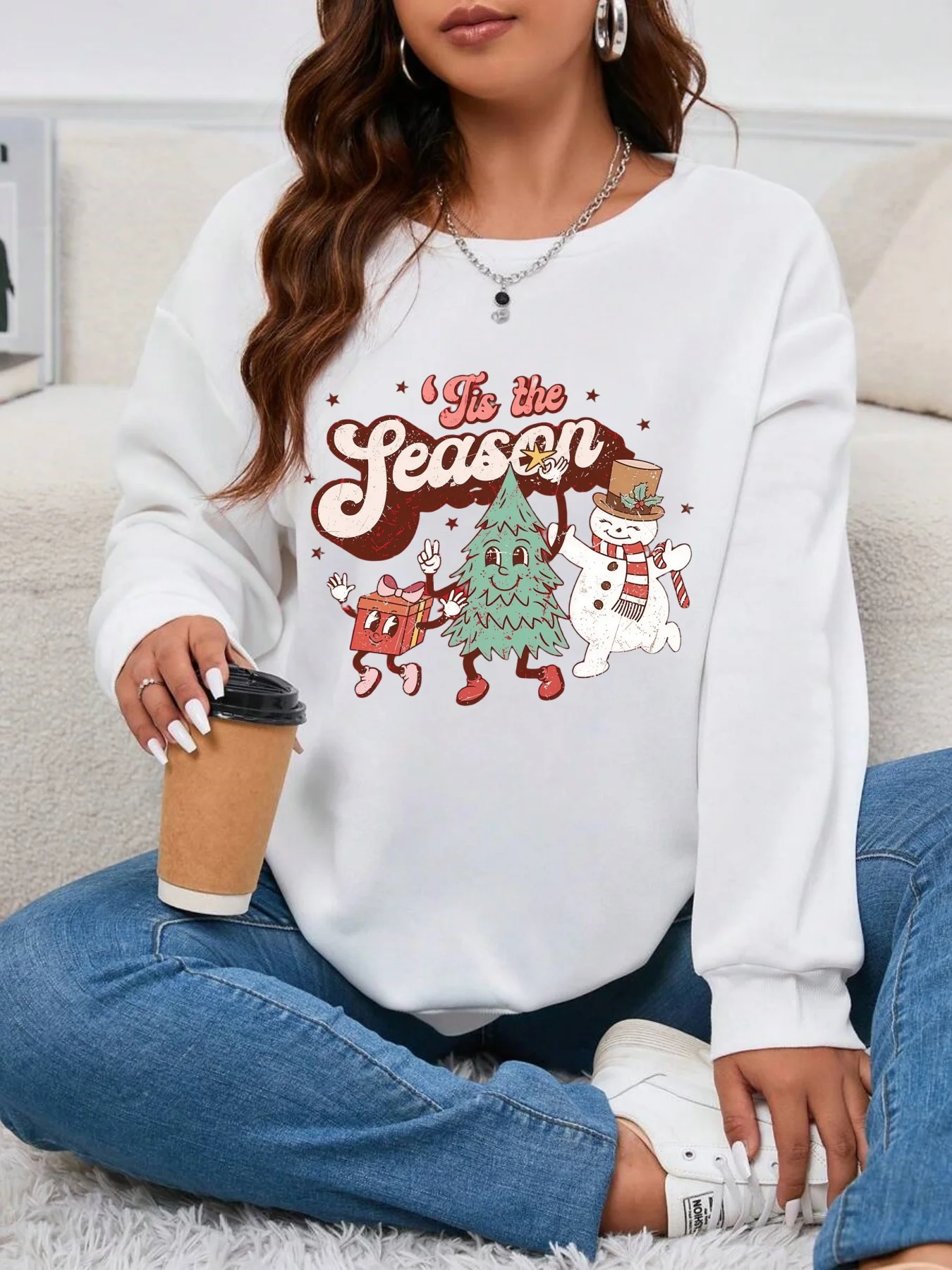 Thème de noël et éléments de noël de dessin animé rétro imprimés, sweat à capuche décontracté pour femmes, haut tendance pour femmes