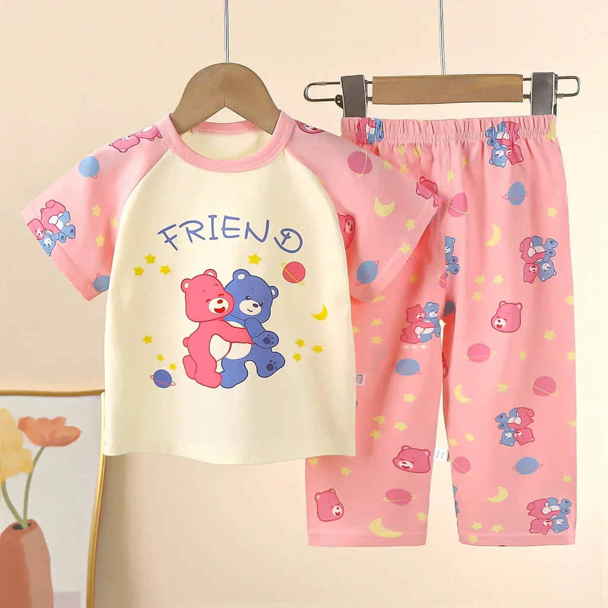 

New 2024 Boys Girls Cute Cartoon Short Sleeve T-Shirt Tops + Pants Kids Summer Pure Cotton Clothing Sets Baby Pajamas Loungewear