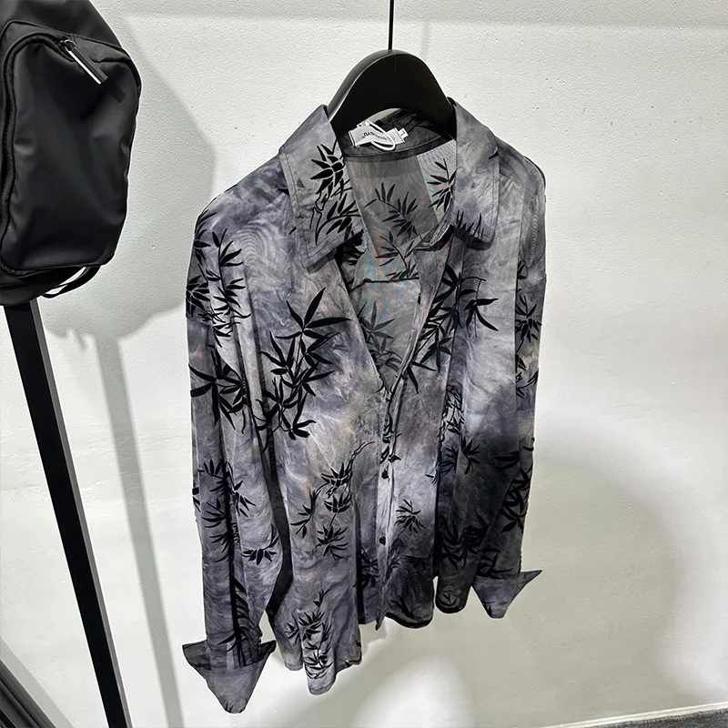 Fashionable Retro Tie-Dyed Chinese Flocking Bamboo Leaf Design Black Gray Shirt High-Grade Loose Long Sleeve Fashion