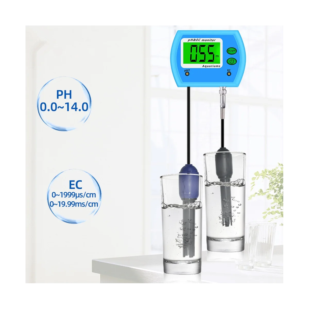 2 in 1 PH / EC Meter Water Quality Tester Multi-Parameter Water Quality Monitor Acidometer for Aquarium US Plug