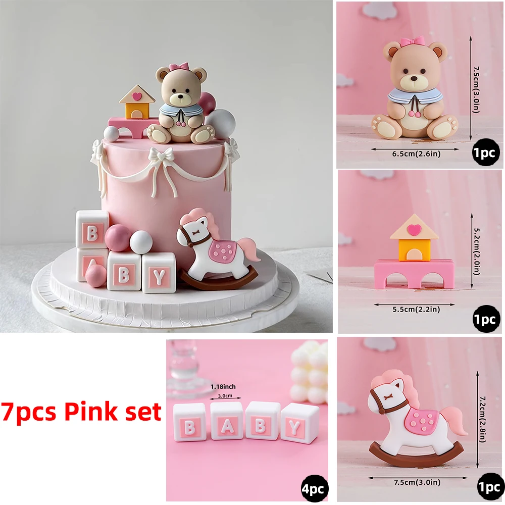 Pink Bear Cake Topper New 3D Trojan, Bear, Building Blocks for Baby Shower Decoration Kids Happy 1st Birthday Party Supplies