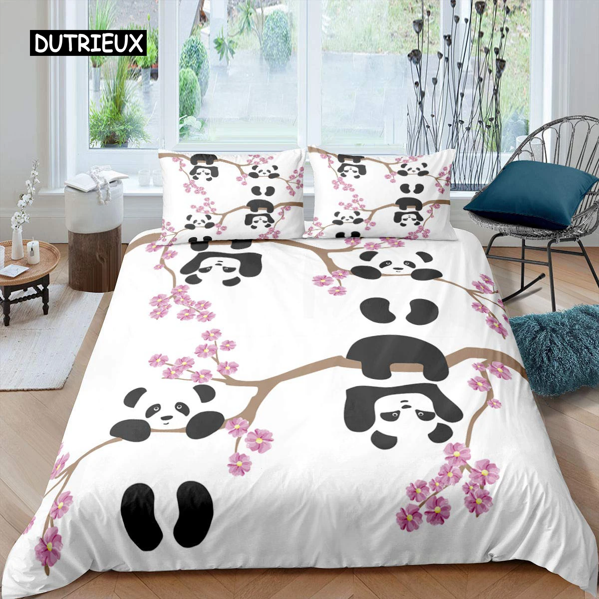 

Panda Duvet Cover Set Cherry Blossoms Cute Animal Bedding Set Flower Branches Cartoon Double Queen King Polyester Quilt Cover