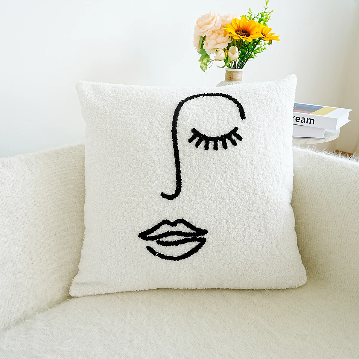 1pc, Teddy velvet abstract face embroidery cushion pillow case, home decoration, without pillow core