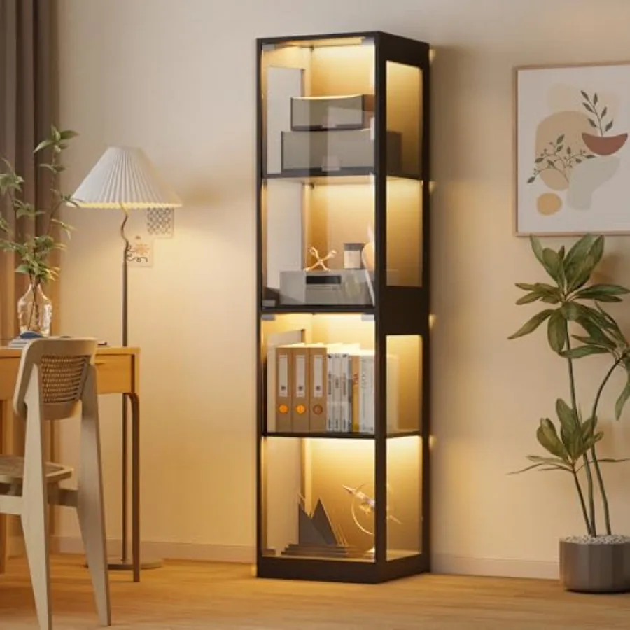 Glass display cabinet for living room and playroom: 4-tier curio cabinet with RGB lights, tempered glass shelves, black finish,