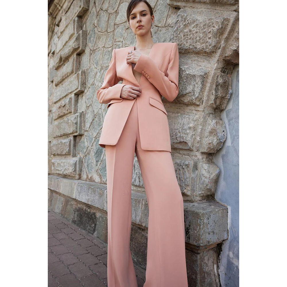 Fashion Single Button Elegant Pink Women Pants Set High-end Female Two Pieces(Jacket+Trousers)أطقم بناطيل