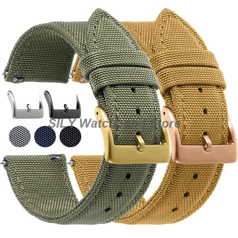 20 mm 22 mm silberfarbenes, schwarzes, roségoldenes Schnallen-Segeltuch-Uhrenarmband, zweiseitiges, weiches Nylon-Militärarmband für Herren und Damen, Schnellverschluss-Armband