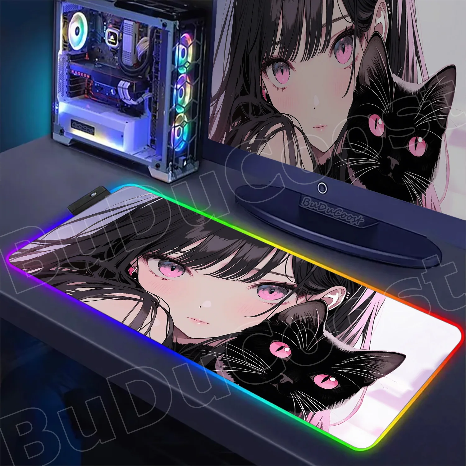 

Black Cat Girl RGB Game Office Mouse Pad Suitable for game keyboards long and wide computer desk mats large rugs office supplies