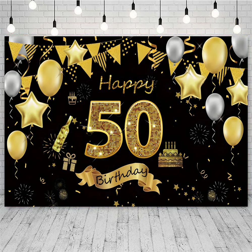 Happy 50th Birthday Backdrop Glitter Bokeh Black Gold Balloon 50 Years Old Background Fifty Bday Party Cake Banner for Men Women