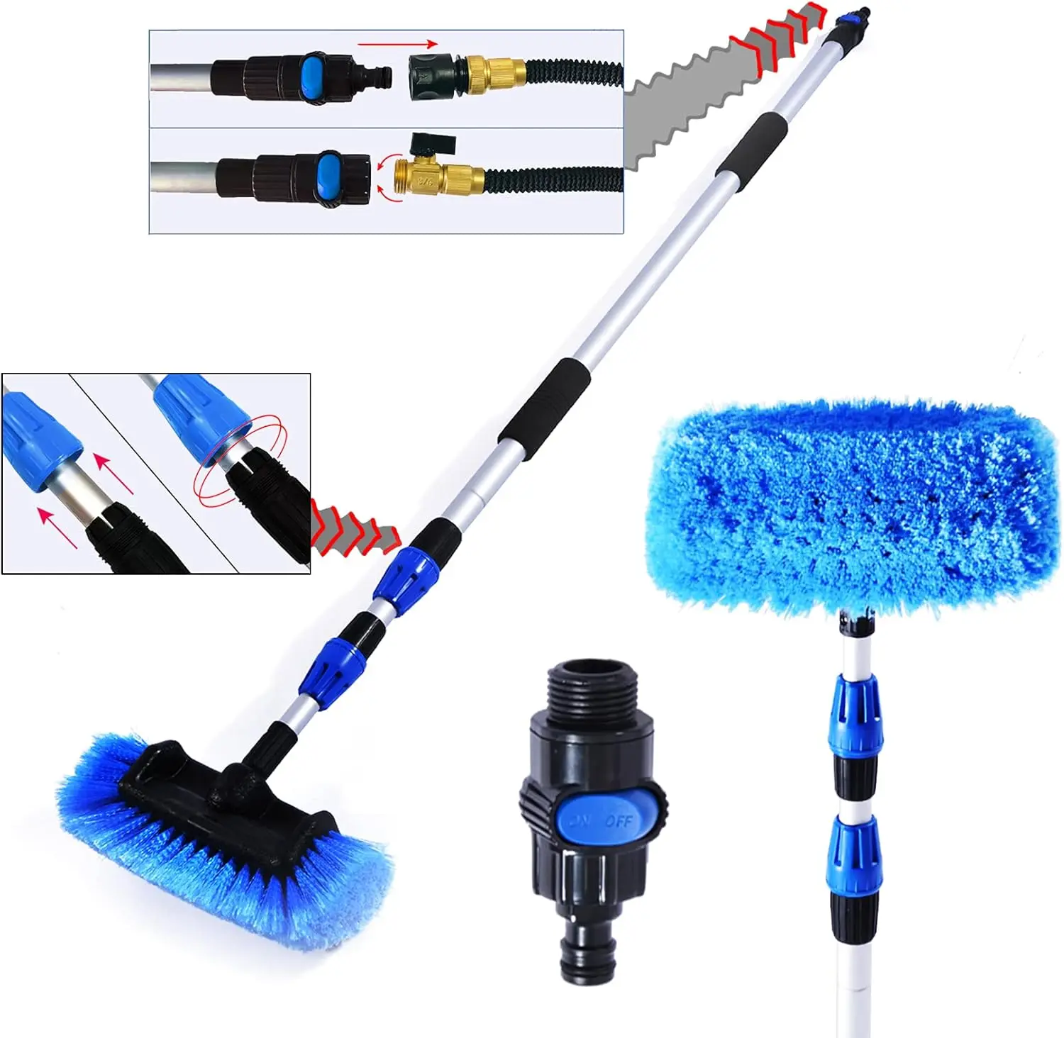 

5-12 Foot (20ft ) Flow Through Car Wash Brush,long handle Telescopic Extension Pole Brush; solar panel cleaning brush; Soft Bri