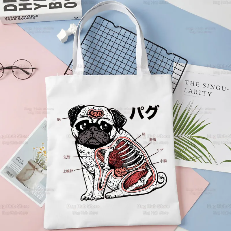 Pug anatomi tas belanja pembelanja kanvas ramah lingkungan pembelanja katun kartun lucu anjing peliharaan Bolsas De Tela tas belanja dapat digunakan kembali sakolas