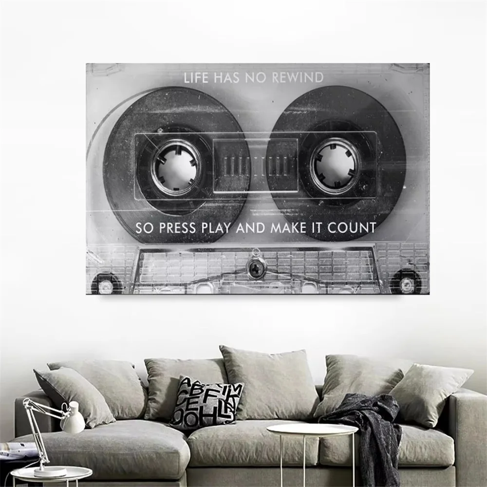 Motivational Cassette Poster Vintage Black White Canvas Print Life Has No Rewind Quote Wall Art Painting Home Decoration Picture