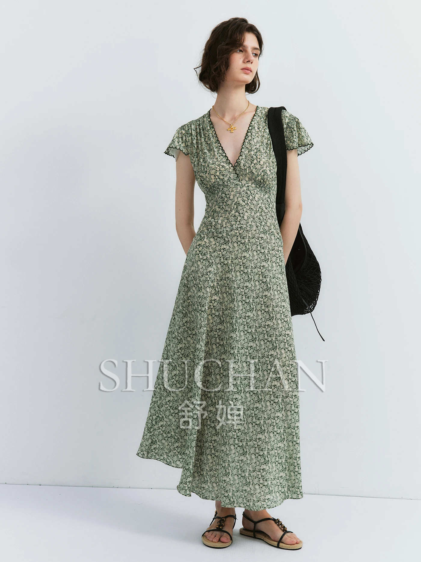 

1OO% Silk Double Crepe, Fresh and Romantic Rui Print, Waist Floral Dress Women Vestidos De Mujer