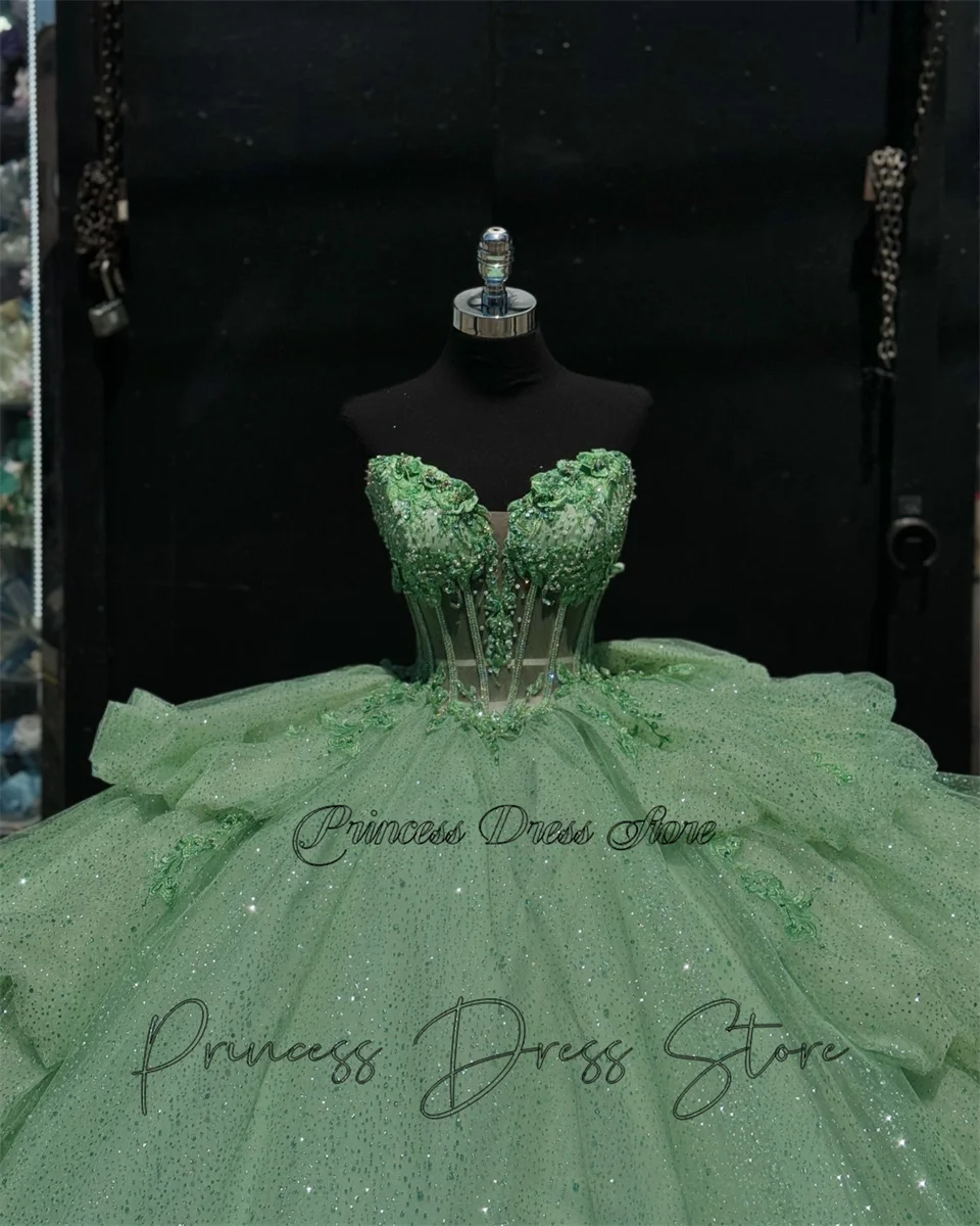 Elegante vestido para quinceañeras verde menta brillante vestido De baile México apliques florales 3D corsé con lazo con cuentas dulce 16 Vestidos De 15 Años