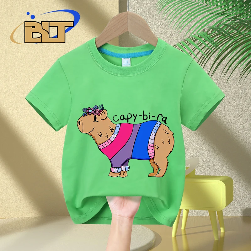 เสื้อยืดเด็กพิมพ์ลายการ์ตูน capy-Bi-RA สำหรับเด็กเสื้อลำลองแขนสั้นผ้าคอตตอนสำหรับฤดูร้อนสำหรับเด็กผู้ชายและเด็กผู้หญิง