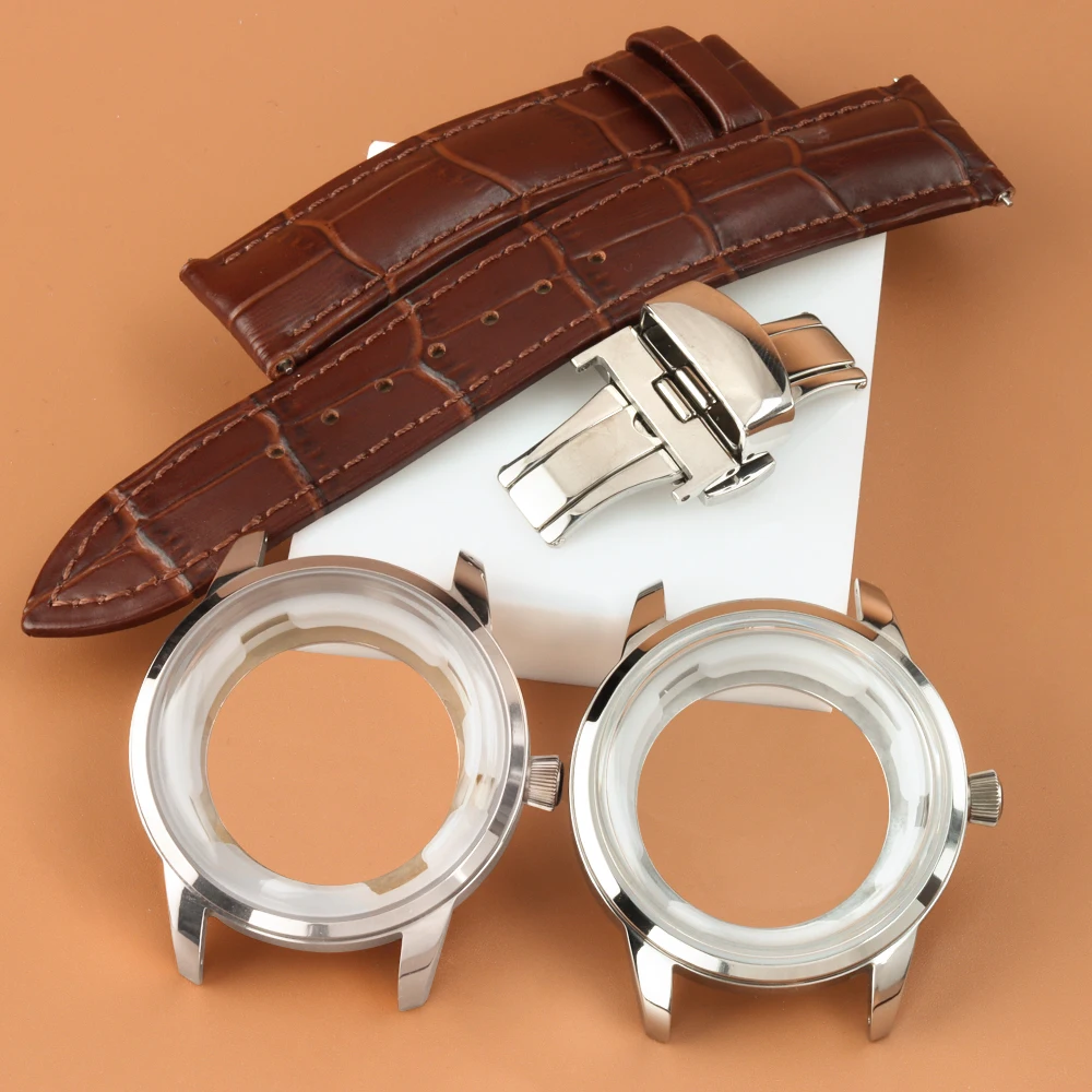 

Silver nh35 40mm Watch Case Sapphire Glass Leather Watchband For Men's Cocktail Case Stainless Steel Fit NH35 NH36 NH38 Movement