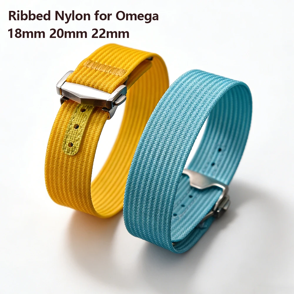 For Omega Ribbed Nylon Watch Band Deployant Clasp 18mm 20mm 22mm FKM Rubber   Strap Sport Wristband for Swatch Moon Swatch Belt