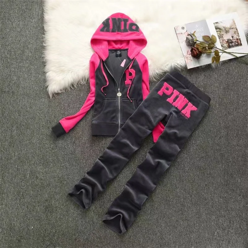 PINK Velvet Tracksuit Set 2024 Spring Autumn Hoodie and Embroidered Letter Pants 2 Piece Sets Women Outfit ﻿