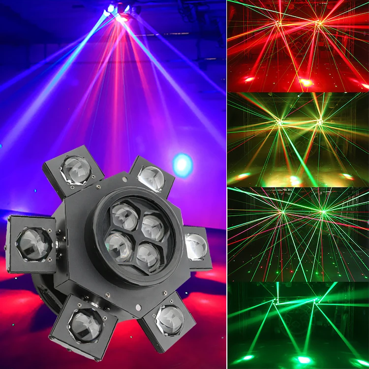 

Alloy Housing 6 Arm Bee-eye LED Beam Moving Headlights with Red and Green Laser Effects, DJ Disco Ball, Laser Light