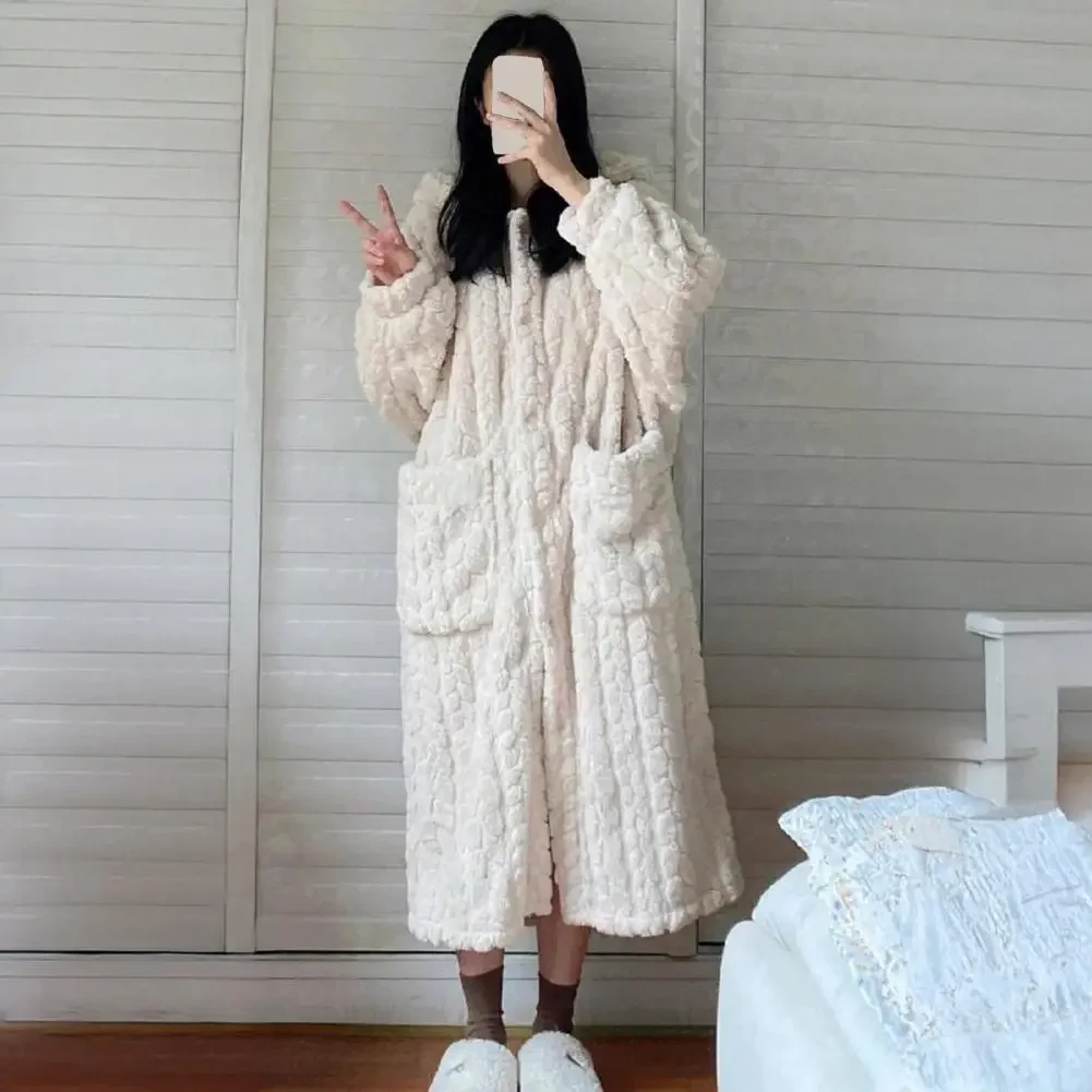 

Winter Warm Pajamas Cozy Plush Housecoat Sleepwear Women Flannel Nightgown Fuzzy Fleece Long Sleeve Button Down Long Robe Ladies