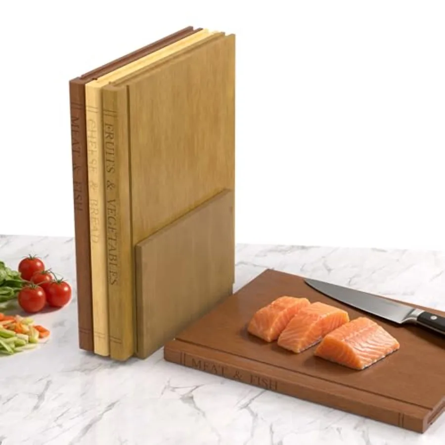 

Book Cutting Board Set with Wooden Stand-Wooden Kitchen Cutting Boards That Look Like Books for Vegetables Cheese Meat, Choppin